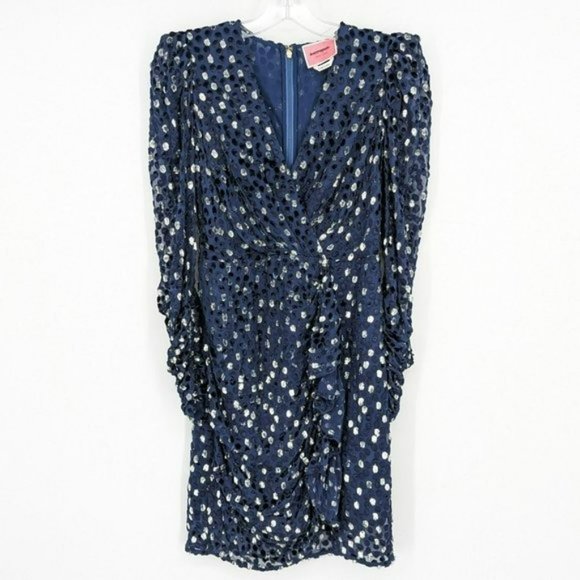Kate Spade Scatter Dot Dress 6 Navy Silver Faux Wrap Ruffle Velvet Long Sleeve - Picture 4 of 14